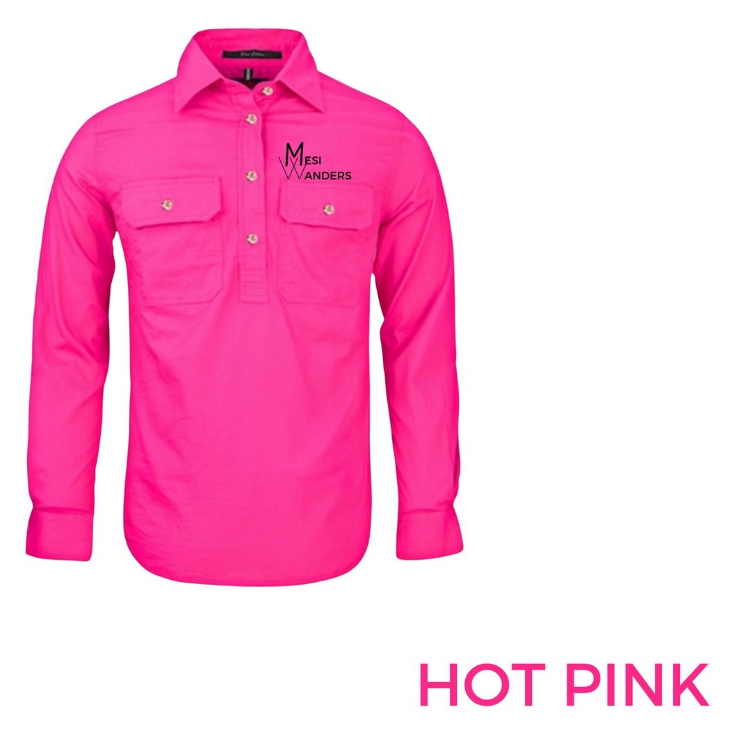 Ladies Half Button Work Shirt - HOT PINK